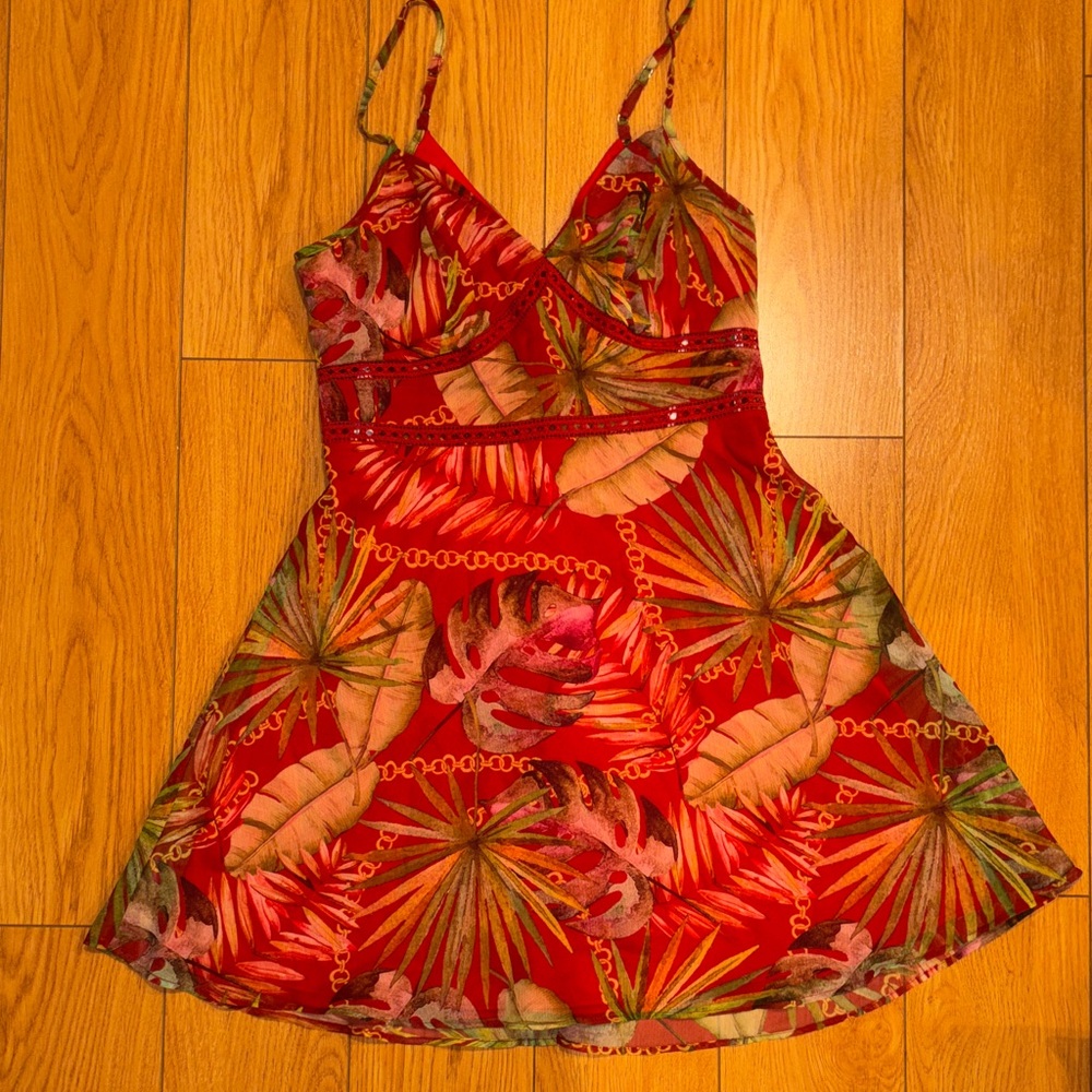 Guess Red Tropical Print Mini Dress